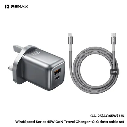 REMAX WindSpeed Series 45W GaN Foledable Travel Charger+C-C Data Cable Set CA-25(AC45W)