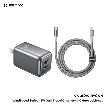 REMAX WindSpeed Series 45W GaN Foledable Travel Charger+C-C Data Cable Set CA-25(AC45W)