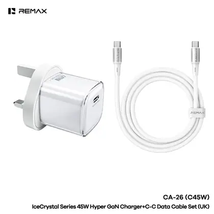 REMAX IceCrystal Series 45W Hyper GaN Charger+C-C Data Cable Set CA-26(C45W) UK with 100w data cable