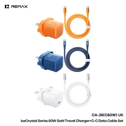 REMAX IceCrystal 60W GaN Travel Charger+C-C Data Cable Set UK CA-26(C60W)