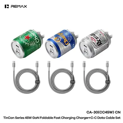 REMAX TinCan Series 45W GaN Foldable Fast Charger+ C-C Data Cable Set With 1.2M CB35(C-C) CA-30(CC45W)
