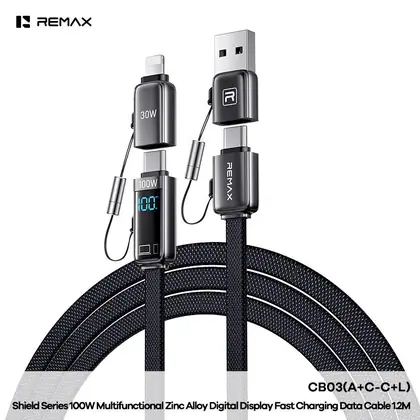 REMAX Shield Series 100W Multifunctional Zinc Alloy Digital Display Fast Charging Data Cable 1.2M CB03(A+C-C+L)