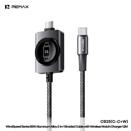 REMAX WindSpeed Series 65W Aluminum Alloy 2-in-1 Braided Cable with Wireless Watch Charger 1.2M CB25(C-C+W) Supports charging for original Apple Watch and original Samsung Watch
