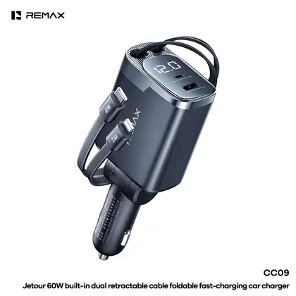 REMAX Jetour Series 60W built-in dual retractable cable foldable fast- charging car charger