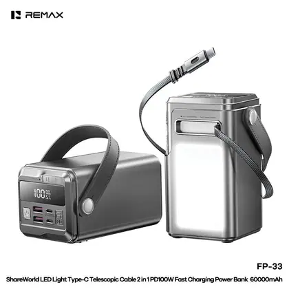 ShareWorld LED Light Type-C Telescopic Cable 2 in 1 PD100W Fast Charging Power Bank 60000mAh