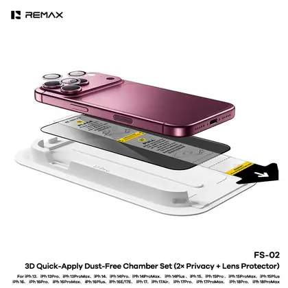 REMAX 3D Quick-Apply Dust-Free Chamber Set (2× Privacy + Lens Protector)